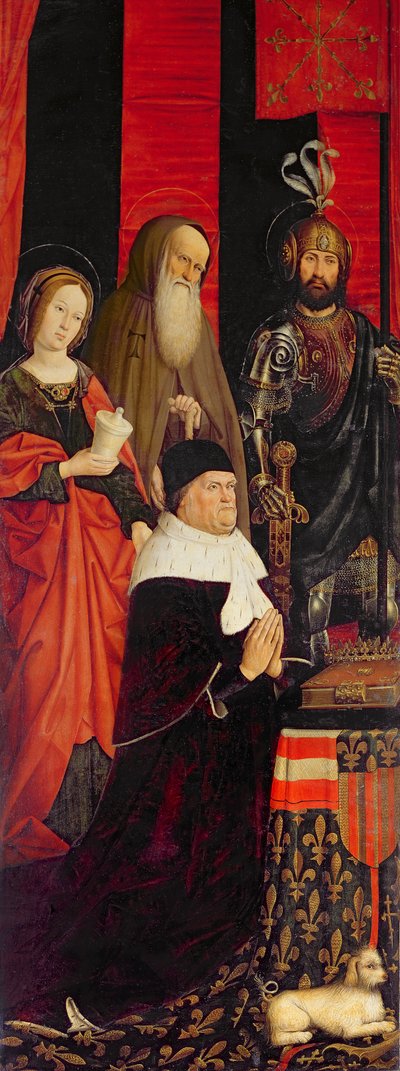 بالثلاثية لموسى وبوش المحترق ، اللوحة اليسرى التي تصور رينيه أنا دانجو (1409-80) مع ماري ماجدالين ، سانت أنتوني وسانت موريس ، ج .1476 (انظر أيضًا 26542 ، 173010 und 232841) بواسطة نيكولاس فرومنت